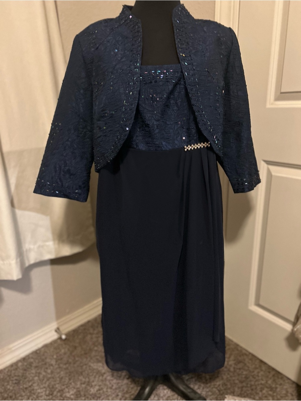 R&M Richards Navy Sequin-Embellished Midi Dress with Cropped Jacket